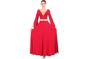 OWLFAY Women Metallic Color Block Liturgical Praise Lyrical Dance Dress Bell Long Sleeve Church Dancewear Gown Worship Costume