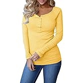 Remikstyt Womens Long Sleeve Henley Shirts Ribbed Button Down Casual Tunic Tops