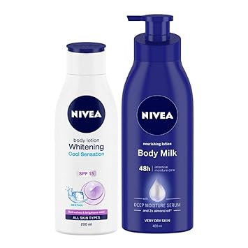 NIVEA Body Lotion, Whitening Cool Sensation (SPF 15), 200ml and Nivea Nourishing Lotion Body Milk with Deep Moisture Serum and 2x Almond Oil for Very Dry Skin, 400m