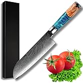 SHOKUNIN USA Kerie Santoku Knife, Damascus Chef Knife, Sharp, Chef Kitchen Utility - Vg10 Stainless Damascus Chopping Knife - River Resin & Stabilized Wood Professional Razor Sharp Japanese Knife