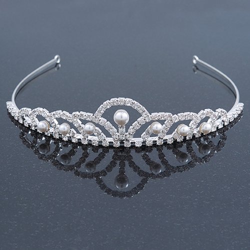 Princess Bridal/ Wedding/ Prom Rhodium Plated Austrian Crystal White Simulated Glass Pearl Tiara