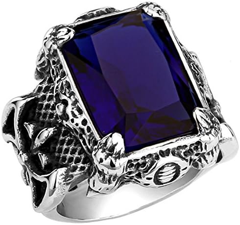 Men's Stainless Steel Vintage Gothic Knight Blue Cubic Zircon CZ Crystal Dragon Claw Cross Flower Ring