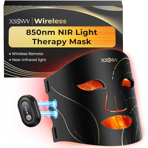 XSSNVV Masque LED Visage Sans Fil, 4 Modes Masque Luminothérapie Lumière Rouge & Infrarouge 850 nm, LED Mask, Télécommande, Autonomie 60 min, Réglable, avec Couvre-yeux, NVV03