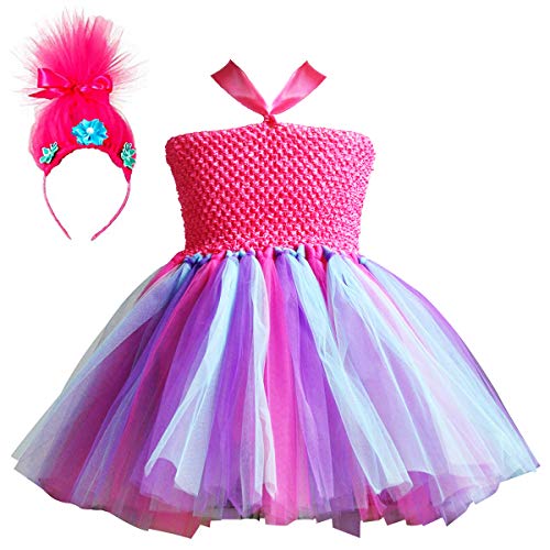 Trolls Costumes Little Girls Princess Poppy Cosplay Birthday Halloween Toddler Kids Fancy Baby Tutu Dresses with Headband