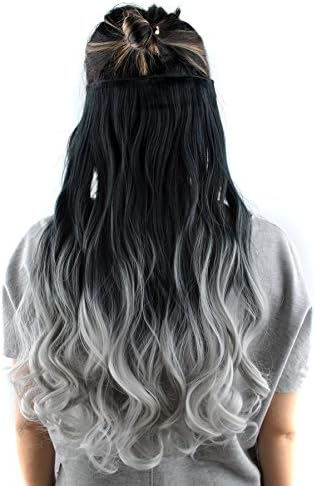 DENIYA 21" Long Curly Gradient Color Black to Sliver Gray Clip in Hair Extensions for Women