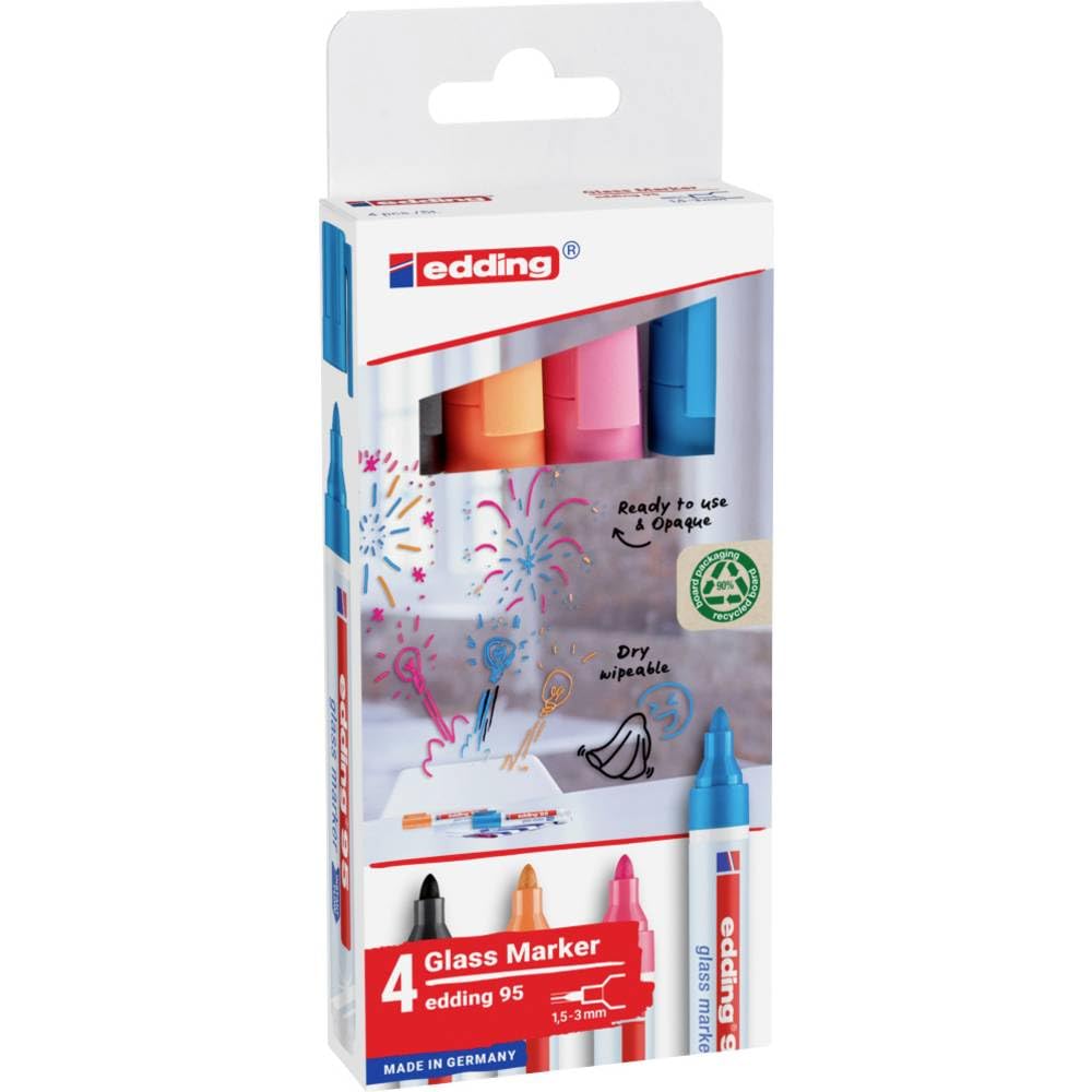 edding 95 glass marker - multi-coloured light - 4 glass pens - round nib 1.5-3 mm - washable window marker pen - for writing and marking on glass surfaces, windows,glassboards,whiteboards-dry-wipeable