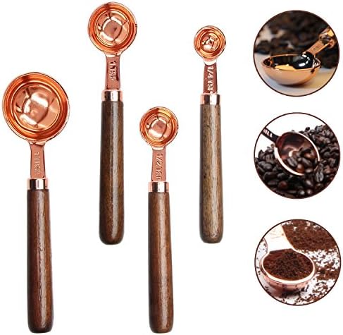 Rose Gold Plated Stainless Steel Measuring Spoons Set of 4 pieces Coffee Scoop with Wood Handle