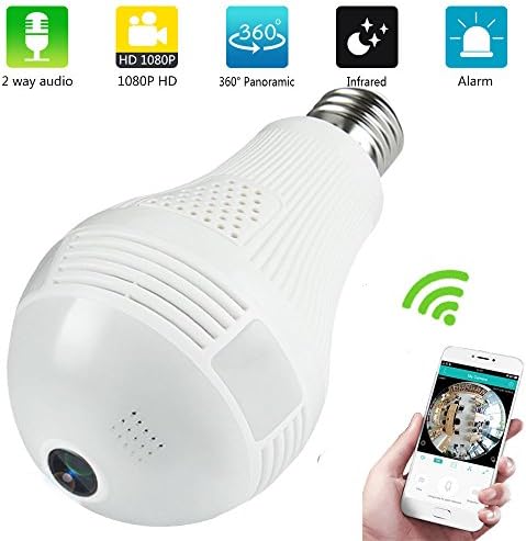 Bulb Camera WiFi 1080P HD 200W IR Infrared night vision 360 Degree Panoramic Fisheye for Spy Home Security CCTV Camera Office indoor Baby Room Pet Wireless(updated version)