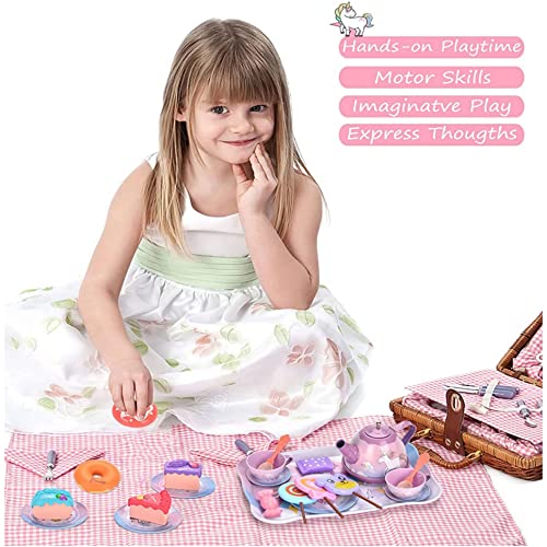 AM ANNA 48 PCS Toy Unicorn Tea Set for Little Girls, Princess Tea Party Play Toy Kid Tea Set Including Teapot,Cups, Plates, Dessert, Drinks & Carrying Case, Kitchen Pretend Play Toys(Unicorn Tea Set)