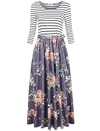 HNNATTA Vestido maxi de mujer con mangas 3 4 y estampado floral a rayas, con bolsillos