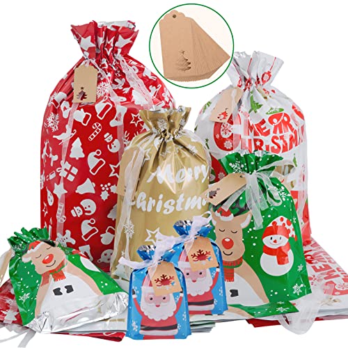 YALTOON 40pcs Drawstrings Christmas Gift Bags Assorted Sizes, Christmas Bags for Gifts Wrapping, Holiday Presents