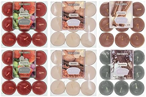 Highly scented tea lights candles set 54pcs 4 flavors assortment tealights (6x9-packs) 4 scents Vanilla Strawberry Eucalyptus Cinnamon (scent combo d)