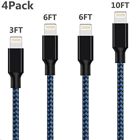 iPhone Cable, Grectek 4Pack 3FT 6FT 6FT 10FT Nylon Braided Charging Cord Charger, Lightning to USB Cable for iPhone 7, 7 Plus, SE, 6s, 6, 6 +, 5, 5s, iPad Air / Mini, iPod (Black Blue)