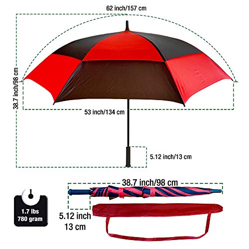 Procella Golf Umbrella Windproof Waterproof - 62 Inch Large Automatic Open Rain & Wind Resistant Vented Double Canopy - Best Golf-Sized Stick Umbrellas for Men and Women (Red/Black) - Thumbnail 4