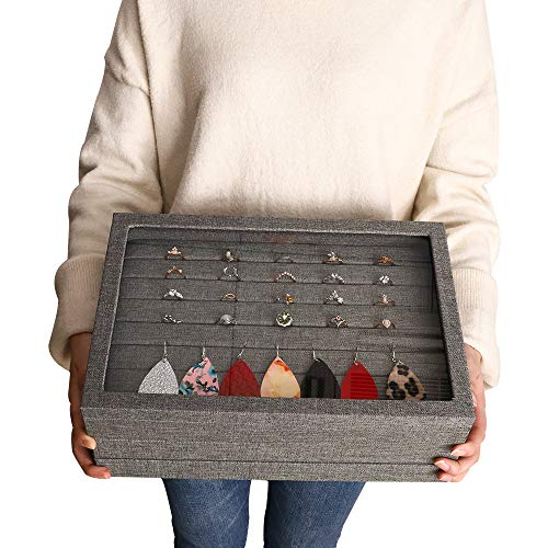 Mebbay Sackcloth Stackable Jewelry Trays Organizer Set with Clear Lid