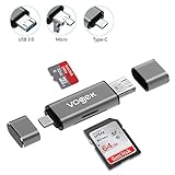 SD Card Reader, Vogek 3-in-1 USB 3.0 / USB C / Micro USB Card Reader - SD, Micro SD, SDXC, SDHC, Micro SDHC, Micro SDXC Memory Card Reader for Macbook PC Tablets Smartphones with OTG Function, Gray