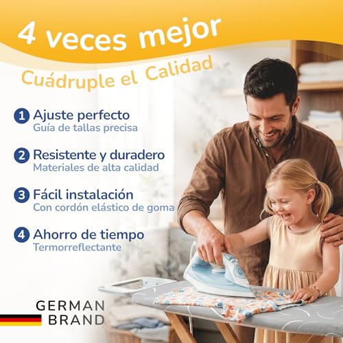 Yellocean Turbo Ironing Board Cover Suitable for 120 x 40 cm, 120 x 45 cm and up to 125 x 45 cm – Heat Reflective – Easy Assembly with Elastic – Double Padded – Size M