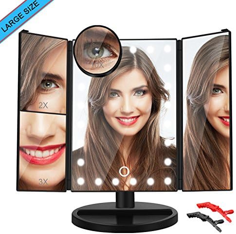 Makeup Mirror Vanity Cosmetic Led Lighted Trifold Larger Portable Compact Travel with 24 Lights Touch Screen 1x/2x/3x/10x Magnification 180 Degree Free Rotation Battery (MAKEUP MIRROR) 