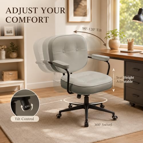 Retro Office Swivel Chair, Height Adjustable Faux Leather Desk Chair with Backrest, Padded Armrests, Tufted Cushion and Rolling Wheels for Home Office, Study Room, Bedroom, Khaki
