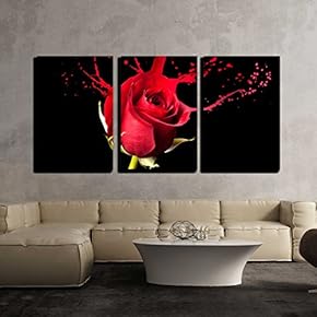 3 Piece Canvas Wall Art - Red Rose with Red Splashes on Black Background - Modern Home Art Stretched and Framed Ready to Hang - 16"x24"x3 Panels