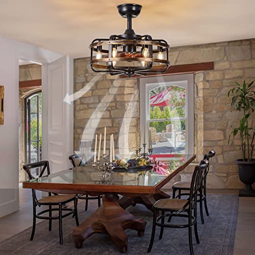 IZOWE Ceiling Fans with Lights and Remote, Industrial Caged Ceiling Fan 3 Speed Vintage Reversible Ceiling Fans with Lamps for Bedroom Dining Room Kitchen E14*6