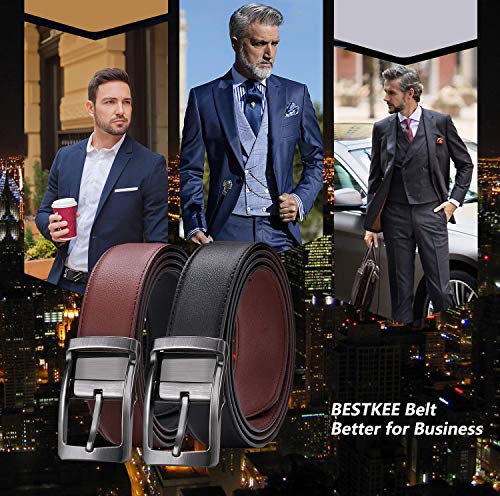 Belt for Men, Bestkee Men's Leather Belt Reversible and Adjustable, Genuine Leather Mens Dress Belt with Rotated Buckle