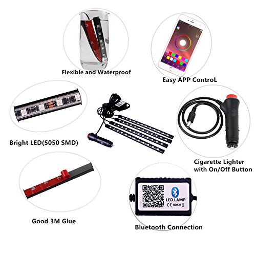 Car LED Strip Light, YANF 4pcs 48 LED Bluetooth App Controller Multi Color Music Car Interior Lights Under Dash Lighting Kit with Sound Active Function for iPhone Android Smart Phones - Thumbnail 2