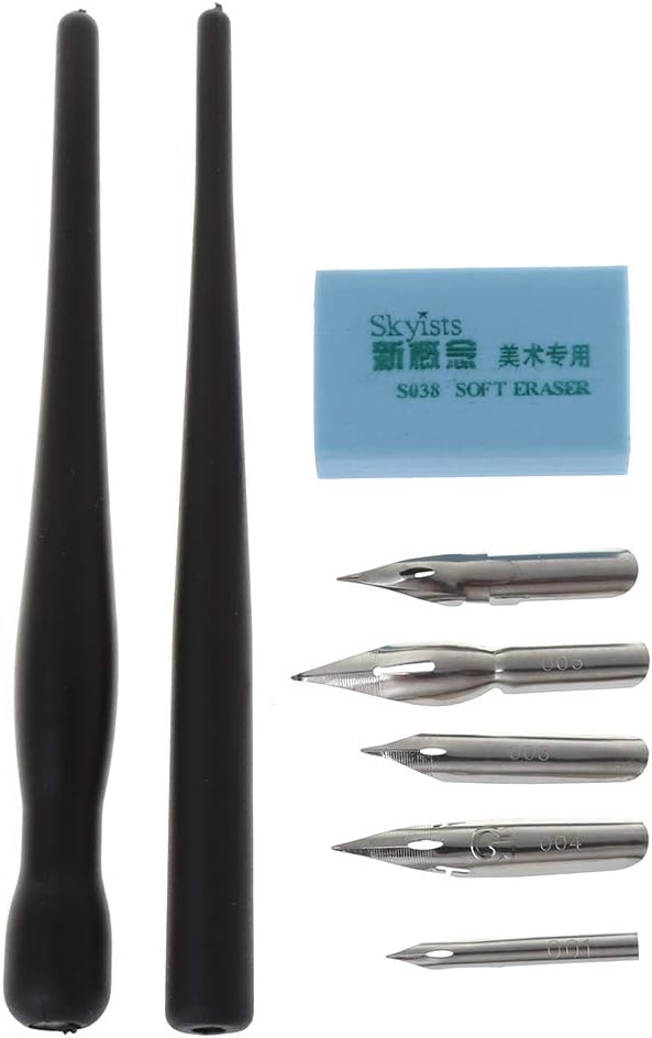Wodwad Dip Pen Set,Manga Dip Pen Holder Set Comic Drawing Painting Tools Kit Calligraphy + 5 Nibs (Black)