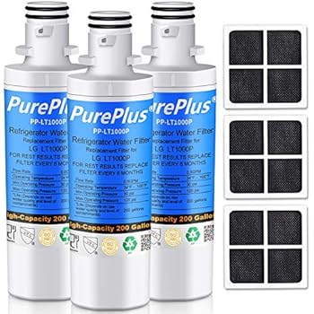 PUREPLUS MDJ64844601 Refrigerator Water Filter, Compatible with LG LT1000P, LT1000, LT1000PC, 9980, ADQ747935, ADQ74793501, ADQ74793502, LMXS30796S, LMXC23796S and LG LT120F Air Filter Combo, 3-Pack