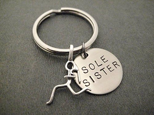 Running Girl SOLE SISTER with Runner Girl Charm Key Chain / Bag Tag - Sterling Silver Runner Girl Charm and Hand Stamped Round Nickel Silver Pendant - Choose Round Key Ring or Ball Chain Bag Tag