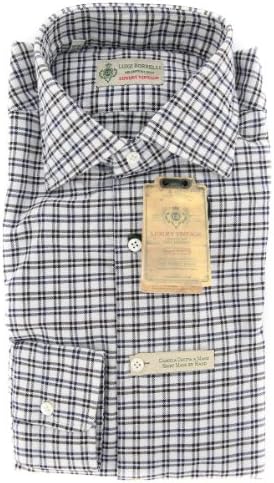 Luigi Borrelli Blue Plaid Button Down Spread Collar Cotton Slim Fit Dress Shirt, Size Large 17.5