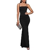 EYNMIN Women's Sleeveless Bodycon Corset Maxi Dress Spaghetti Strap Ruched Elegant Evening Wedding Guest Long Formal Dresses
