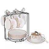 Porcelain Tea Cup and Saucer Set Coffee Cup with Saucer and Spoon, Set of 6 (Morning Glory)