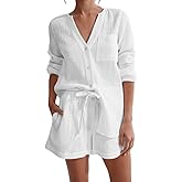 codcm Womens Muslin Pajamas Set V Neck Button Down Shirt and Shorts Pj Set Cotton Sleepwear