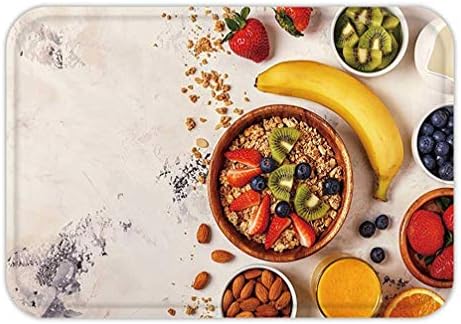 Usvbzd Doormat Healthy Breakfast Bowl of muesli Berries and Fruit Nuts Orange Juice Milk top View
