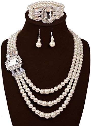 IYOCHO Three Layer Pearl Diamond Collar Necklace Earrings Set