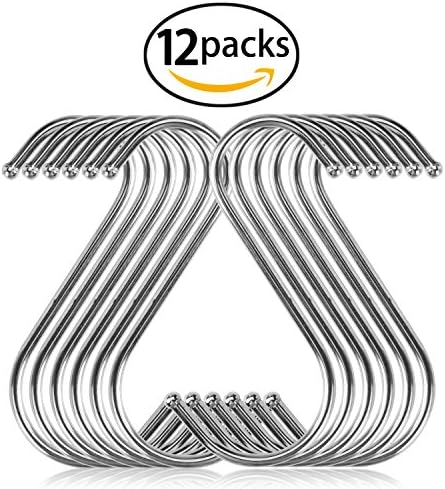 S Shaped Hooks Heavy Duty, YBWM Premium Round S Shaped Anti-rust Stainless Steel Hooks Set of 12, S Type Hook Hanger for Hanging Clothing, Bags, Kitchen utensil, Cutting Boards, Pots and Pans, etc.