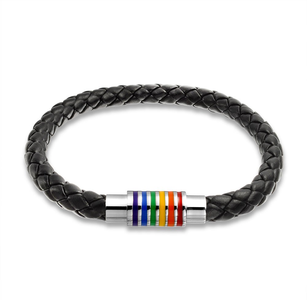 Bling Jewelry Striped Rainbow Flag Black Braided PU Leather LGBTQ Bracelet Woven Bangle Bracelet For Men For Women Stainless Magnetic Clasp 7.5 Inch