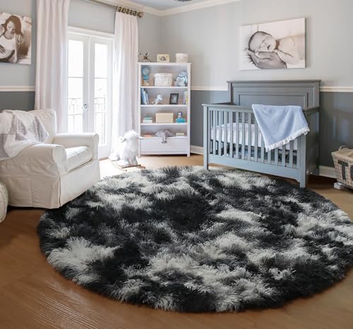 PAGISOFE Soft Black and White Round Rug Plush Shaggy Fluffy 6Ft Large Circle Area Rugs