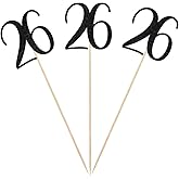 Black Glitter 26th Birthday Centerpiece Sticks, 12-Pack Number 26 Table Topper Anniversary Party Decorations