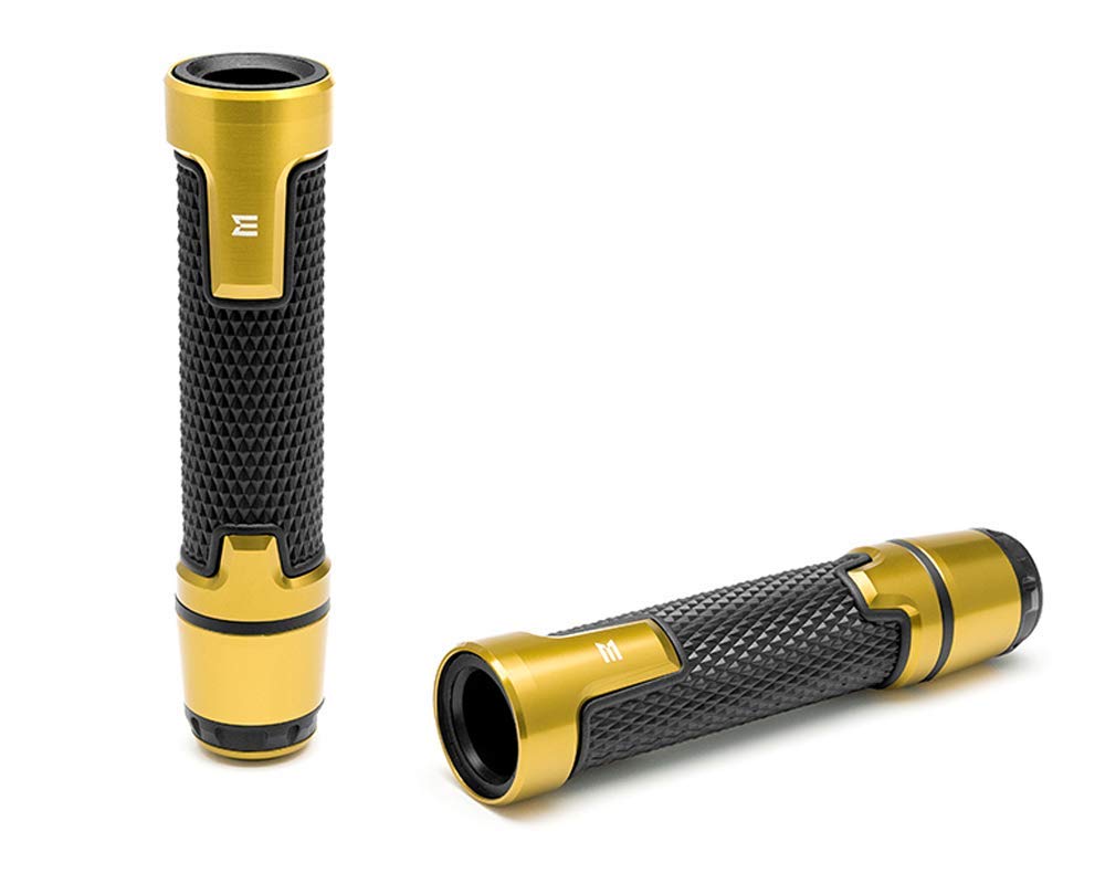 Motorbike Hand Grips & Bar Ends for 22mm 7/8-inch Handlebars with Enhanced Comfort and Style - Gold Anodised Aluminium and Rubber | Suitable for all Street Motorcycles and Road Bikes | 2 PCS