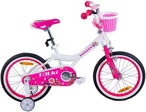 Tauki Girl's Bike with Training Wheels and Basket, Gift for Girls, 12-16 inch, White/Pink