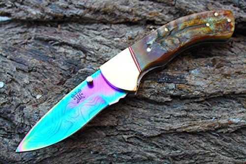 3.4" Rainbow Titanium Coated Damascus Blade Custom Folding Knife w/ Ram Horn, File-Work,Liner Lock,Brass Bolster &amp; Custom Sheath UDK-usaF-205