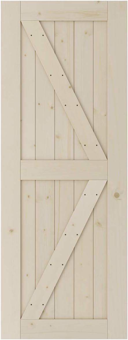 SmartStandard 30in x 80in Sliding Barn Wood Door Pre-Drilled Need to Assemble, DIY Unfinished Solid Spruce Wood Panelled Slab, Interior Single Door Only, Natural, K-Frame (Fit 5FT Rail)