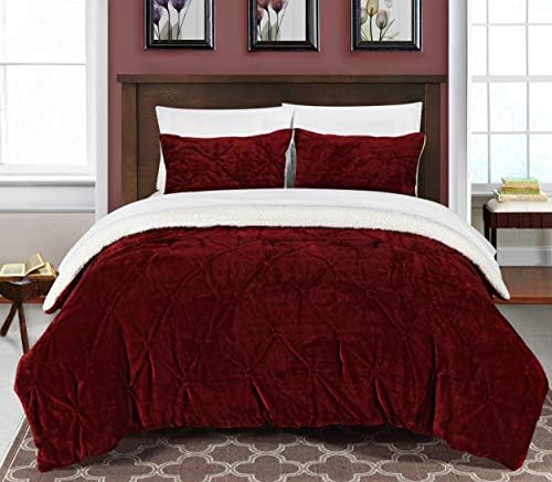 Chic Home 3 Piece Josepha Pinch Pleated Ruffled & Pintuck Sherpa Lined Comforter Set, King, Burgundy