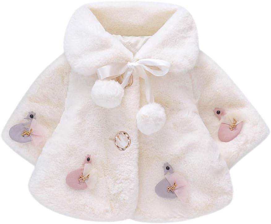 Infant Newborn Toddler Baby Girls Winter Swan Faux Fur Cape Pompom Windproof Coat Warm Cloak Jacket for 3M-2Y