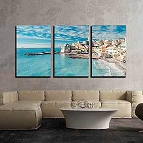 3 Piece Canvas Wall Art - View of Bogliasco. Bogliasco is a Ancient Fishing Village in Italy - Modern Home Art Stretched and Framed Ready to Hang - 16"x24"x3 Panels