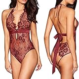 ALLoveble Women Sexy Lingerie See-Through Backless Lace Babydoll Open Crotch Teddy Underwear Black (M, Wine Red)