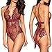 ALLoveble Women Sexy Lingerie See-Through Backless Lace Babydoll Open Crotch Teddy Underwear Black (M, Wine Red)