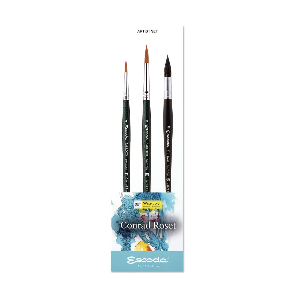 ESCODA Set 3 Watercolor Brushes - N.4,8 Round Pointed N.10 Mop Synthetic Hair Set Conrad Roset Professional Series Barroco Ultimo Handmade in Barcelona